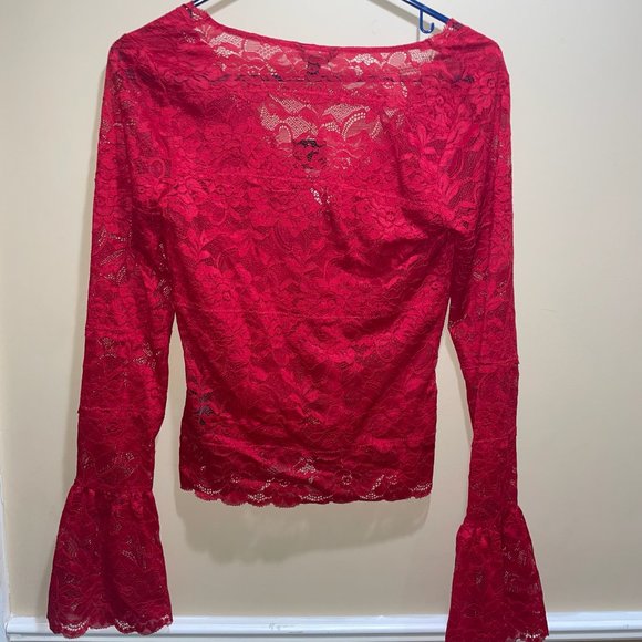 Guess Lace V-Neck Red Long Sleeve Shirt Size Small - Picture 2 of 3